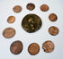 Group of 10 ancient Roman bronze coins from the 3rd–4th century CE with brown, reddish, dark bronze, and green surface patina.