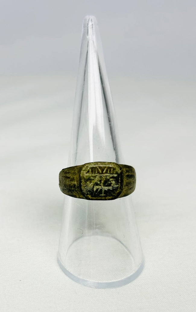 Roman bronze ring from early Christian period (1st–4th Century CE), Christogram engraving visible, genuine artifact from Relic and Rarity.
