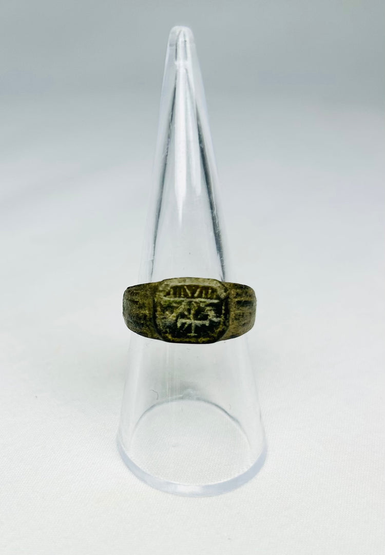 Roman early Christian bronze ring with engraved Christogram, 1st–4th Century CE, historical artifact displayed at Relic and Rarity Gallery.