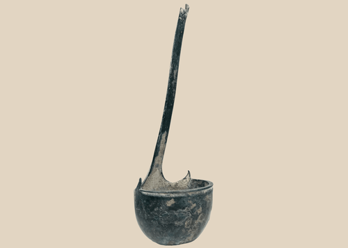 Ancient Roman bronze simpulum ladle with deep bowl and long curved handle