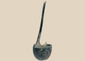 Ancient Roman bronze simpulum ladle with deep bowl and long curved handle