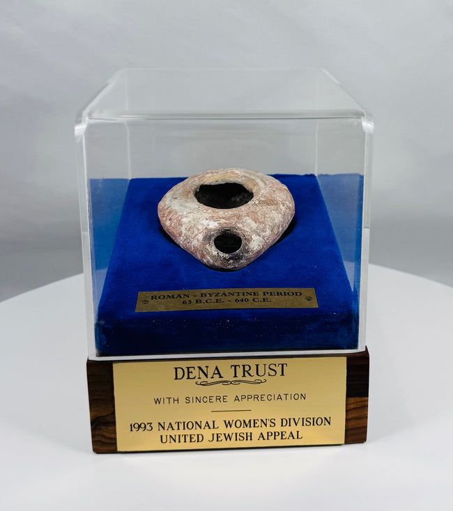 Authentic Roman–Byzantine oil lamp with archaeological patina and display cover