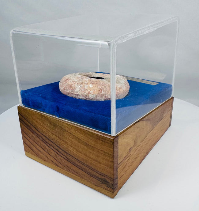 Historic Eastern Mediterranean oil lamp preserved in a commemorative display case