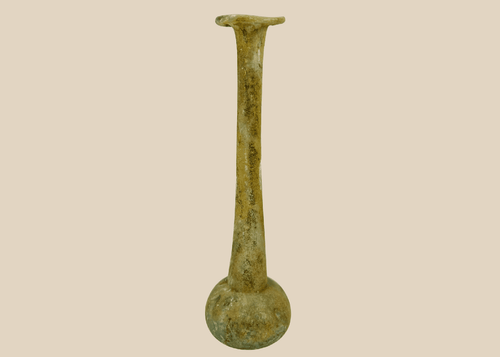 Ancient Roman glass unguentarium perfume bottle with tall neck and flared rim