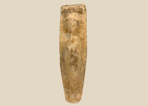 Ancient Roman fertility pottery figure, circa 1st–3rd century CE, carved terracotta form with faint human features and aged surface patina.