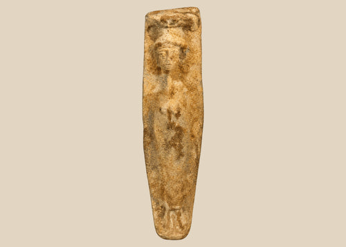 Ancient Roman fertility pottery figure, circa 1st–3rd century CE, carved terracotta form with faint human features and aged surface patina.