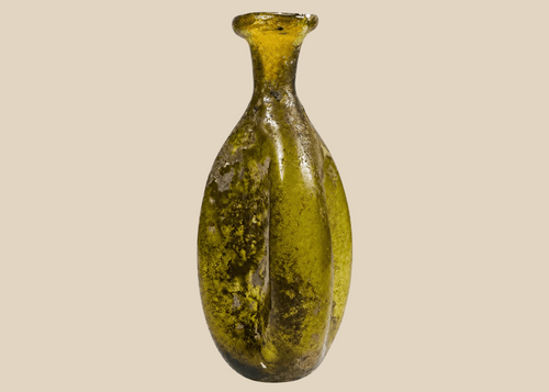 Ancient Roman free-blown olive green glass flask with vertical fluting, circa 1st–3rd Century AD