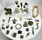 Authentic Roman bronze fragments and fittings with green patina including belt mounts, hinge plate, decorative mounts, and ancient military equipment components