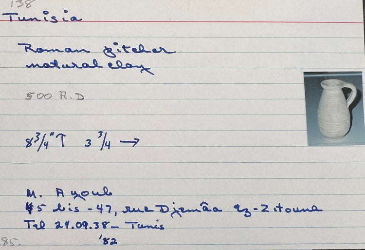 Original McMillan Collection inventory card documenting the Ancient Roman North African terracotta pitcher acquired in Tunisia in 1982.