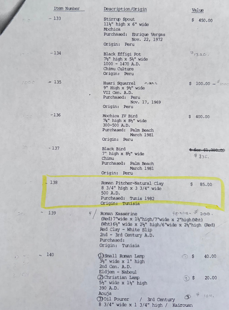 McMillan Collection inventory records and archive documentation accompanying the Ancient Roman North African terracotta pitcher.