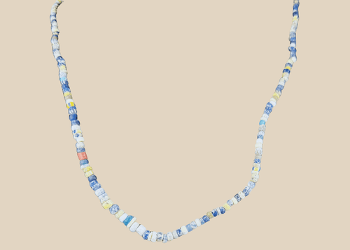 Ancient Roman polychrome glass bead necklace with blue, turquoise, amber, and cream beads