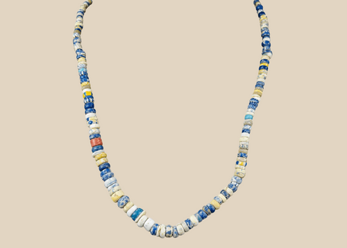 Ancient Roman polychrome glass bead necklace with blue, turquoise, amber, and cream beads