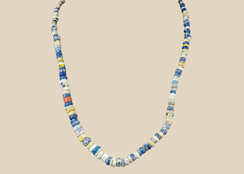 Ancient Roman polychrome glass bead necklace with blue, turquoise, amber, and cream beads