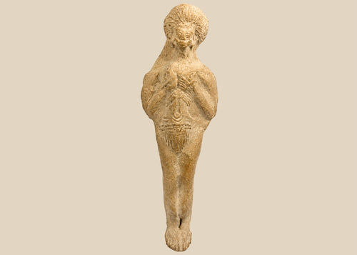 Roman terracotta fertility figure, 1st–3rd century CE, with raised arms, incised detailing, and aged earthen patina.