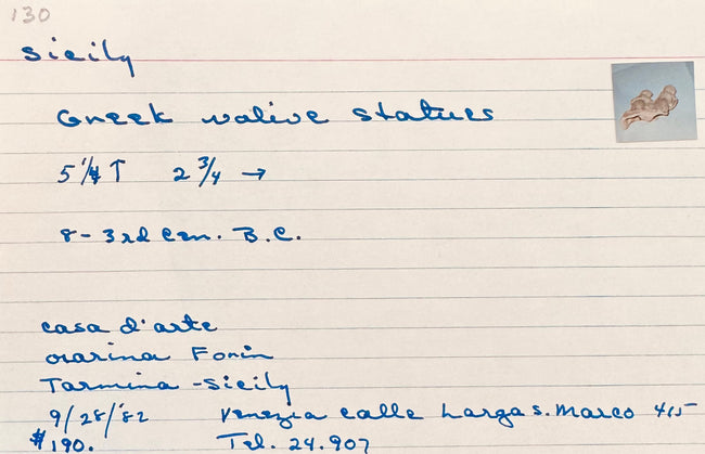 Original 1982 provenance card documenting the ancient Greek terracotta votive figures acquired from Casa d'Arte in Taormina, Sicily.