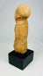 Ancient Sokoto terracotta figurine—front angled view on black museum stand, 500–200 CE, West African archaeology artifact.