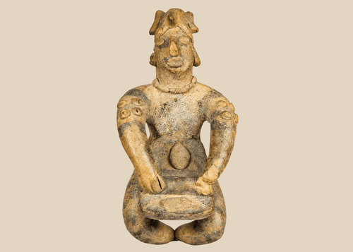 Ancient West Mexican seated terracotta musician figure on display stand