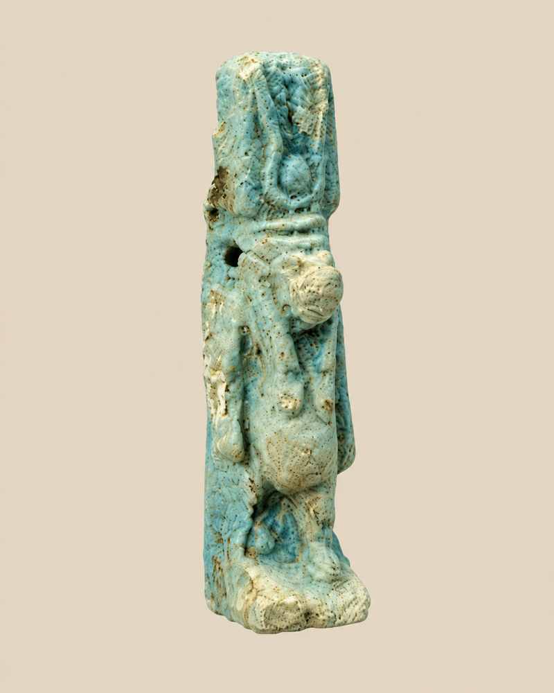 Blue-green Egyptian faience amulet depicting the goddess Taweret standing on a rectangular base, with visible glaze wear and mineral deposits.