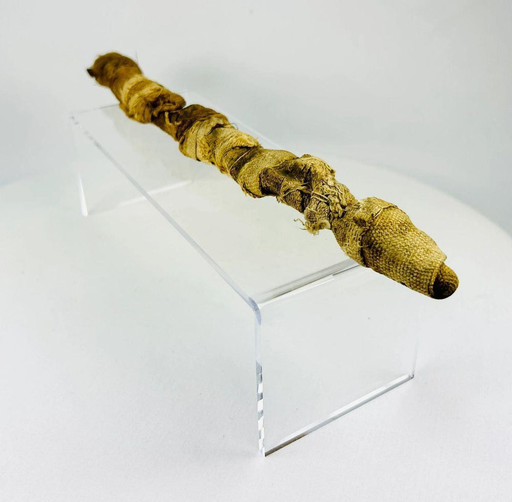 Mummified juvenile crocodile from Ancient Egypt, Late Period to Early Roman era, wrapped in linen as a votive offering to the god Sobek, displayed on a clear stand.