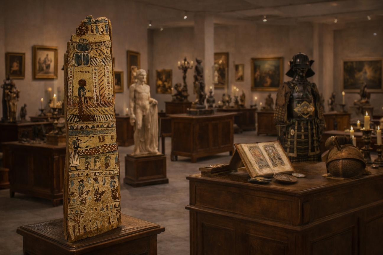 Ancient Egyptian polychrome wooden coffin fragment with hieroglyphic decoration displayed on a pedestal inside a curated antiquities gallery featuring samurai armor, classical sculptures, and historical artifacts.