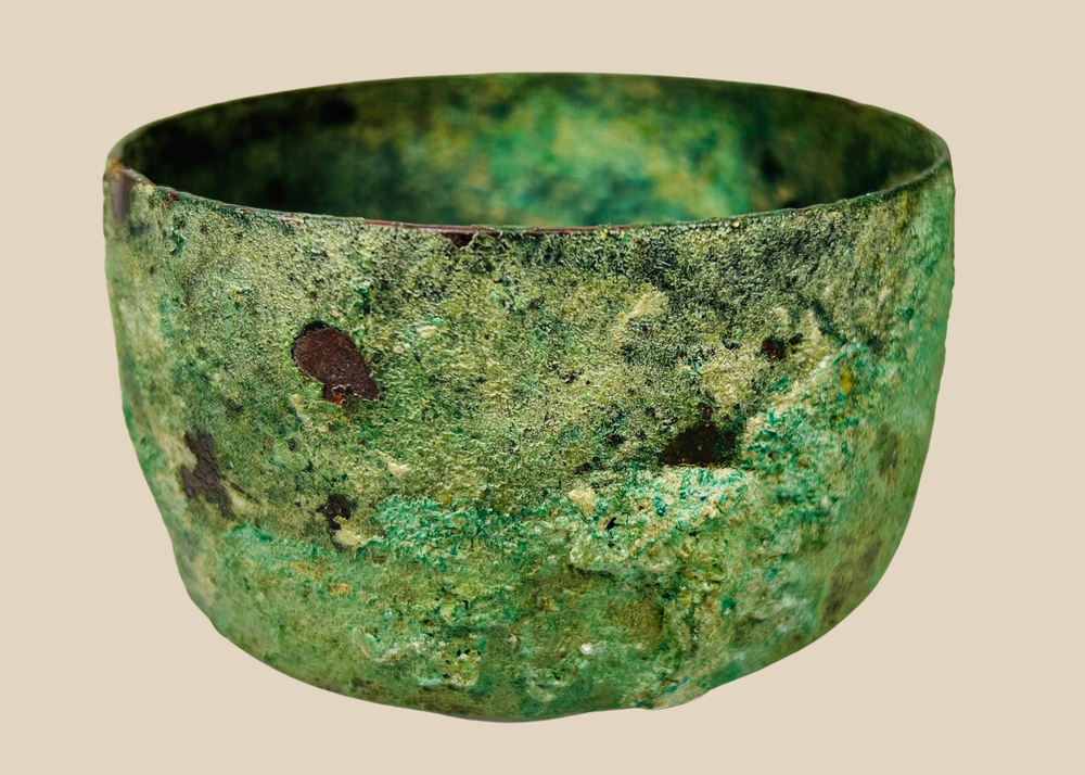 Ancient Luristan bronze bowl with rich green and turquoise patina, Early Iron Age circa 800 BCE