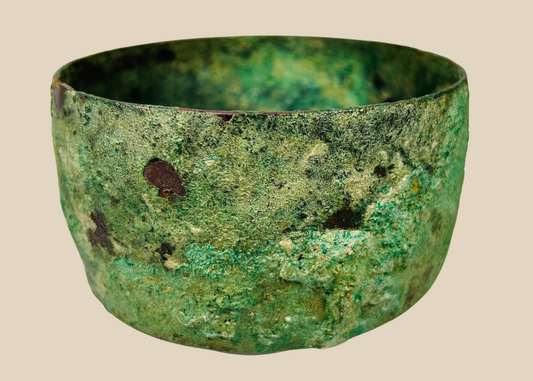 Ancient Luristan bronze bowl with rich green and turquoise patina, Early Iron Age circa 800 BCE