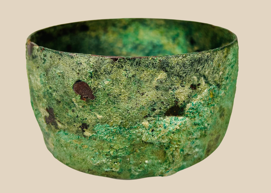 Ancient Luristan bronze bowl with rich green and turquoise patina, Early Iron Age circa 800 BCE