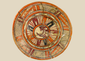 Ancient Mesoamerican polychrome ritual plate with vivid zoomorphic motif and geometric border, circa 300 BCE–300 CE.