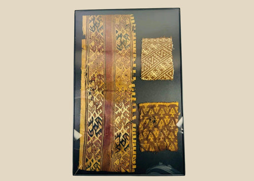 Chancay textile fragments from Peru, circa 1000–1470 CE, finely woven cotton with vibrant geometric motifs and preserved natural dyes.