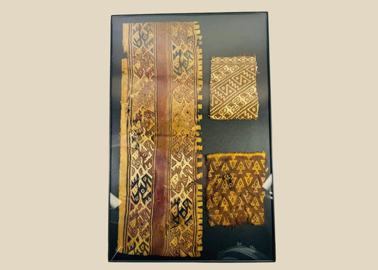 Chancay textile fragments from Peru, circa 1000–1470 CE, finely woven cotton with vibrant geometric motifs and preserved natural dyes.