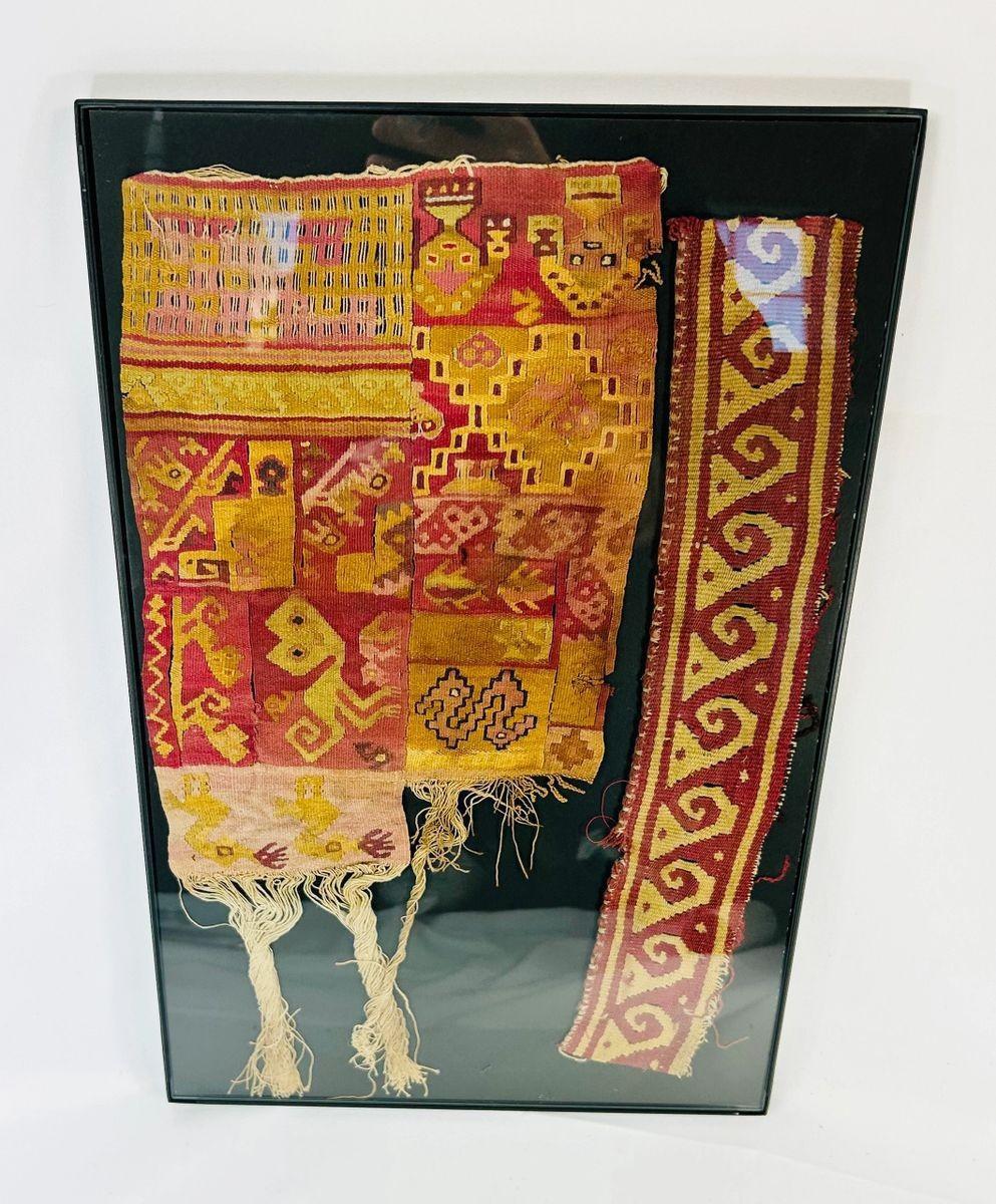 Pair of Chimu Peruvian textiles, circa 900–1470 CE, finely woven cotton and camelid fibers with geometric, animal, and anthropomorphic motifs in vibrant natural dyes.