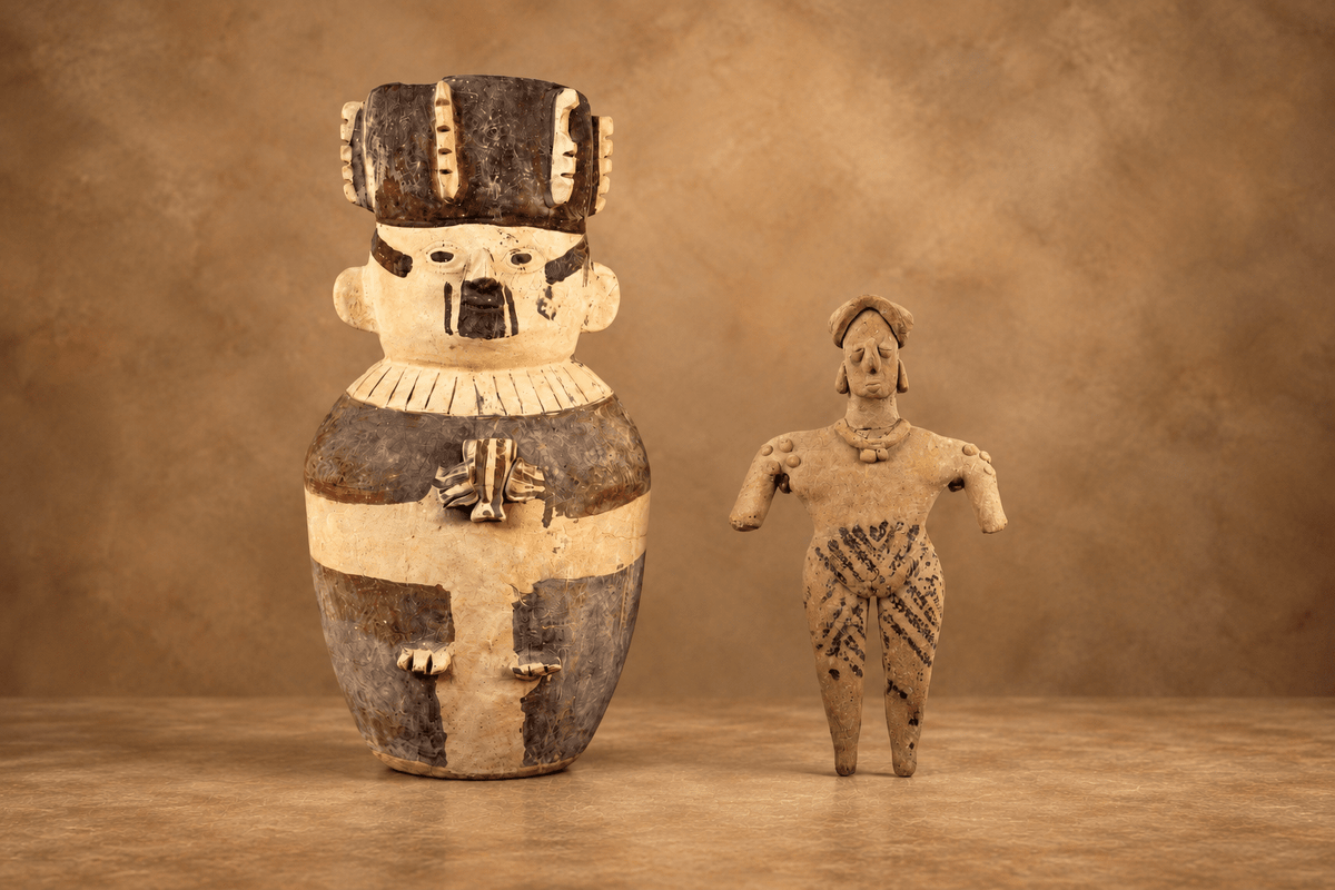 Ancient Pre-Columbian painted ceramic vessel displayed beside a terracotta female figure on a warm brown museum-style background.