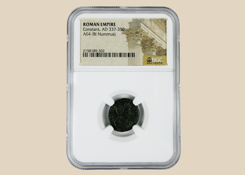 Ancient Roman bronze coin of Emperor Constans (AD 337–350) AE4 nummus authenticated and encapsulated by NGC Ancients.