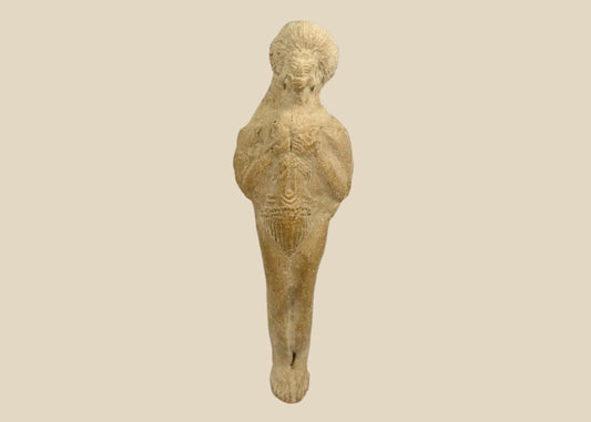 Roman terracotta fertility figure, 1st–3rd century CE, with raised arms, incised detailing, and aged earthen patina.