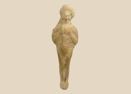 Roman terracotta fertility figure, 1st–3rd century CE, with raised arms, incised detailing, and aged earthen patina.