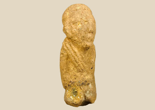 Ancient Sokoto terracotta figurine, West Africa, circa 500–200 CE, hand-modeled clay figure with stylized features and weathered patina, mounted on a display stand.