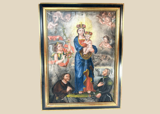Large Andean Colonial oil painting of the crowned Madonna and Child with golden nimbus, surrounded by cherubic putti, kneeling pilgrim saint, and uniformed donor, Spanish-colonial architecture in background, bold Cuzco School palette, laid to wooden panel, late 18th–early 19th century, Peru.