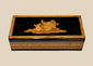 Anglo-Indian black lacquered marquetry trinket box with reclining figural inlay on lid, front view