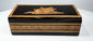 Anglo-Indian marquetry keepsake box showing black lacquered lid and patterned wood sides