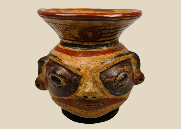 Pre-Columbian Nicoya effigy vessel with human head and geometric painted rim, Costa Rica, 800–1200 AD
