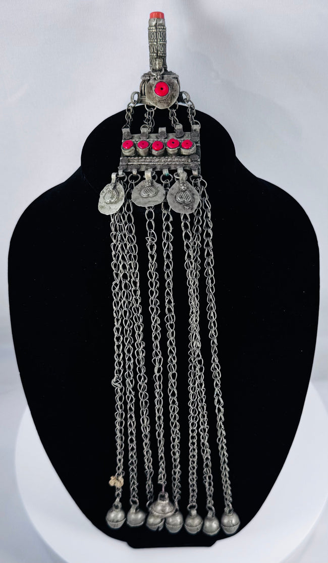 Antique Afghan Kuchi silver-toned tribal pendant with cascading chains, protective prayer tube, and traditional nomadic craftsmanship.