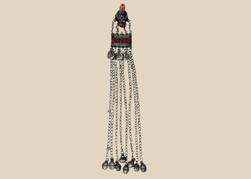 Antique Afghan Kuchi tribal pendant with a hirz prayer tube, red glass cabochons, and cascading chain tassels.