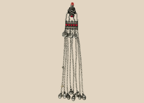Antique Afghan Kuchi tribal pendant with a hirz prayer tube, red glass cabochons, and cascading chain tassels.