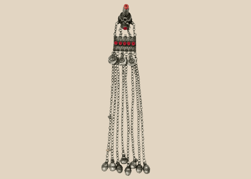 Antique Afghan Kuchi tribal pendant with a hirz prayer tube, red glass cabochons, and cascading chain tassels.