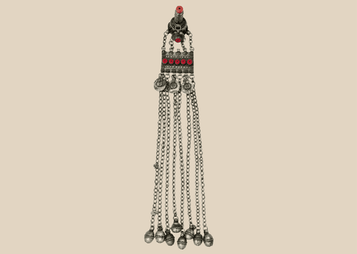 Antique Afghan Kuchi tribal pendant with a hirz prayer tube, red glass cabochons, and cascading chain tassels.