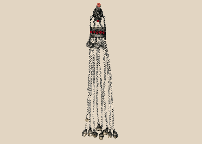 Antique Afghan Kuchi tribal pendant with a hirz prayer tube, red glass cabochons, and cascading chain tassels.