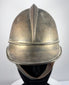 Bavarian German brass fire helmet with original leather chinstrap and naturally aged surface, circa 1908–1934