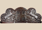 Antique Bentinck family heraldic oak pediment with cross moline, paired lions, and Craignez Honte motto