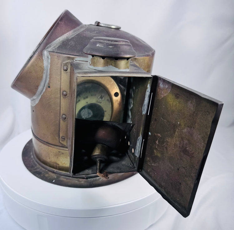 Maritime brass binnacle compass with integrated kerosene lamp compartment and bale handle