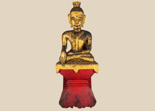 Antique Burmese Shan Buddha sculpture in Bhumisparsha Mudra with lacquer and gilded finish.